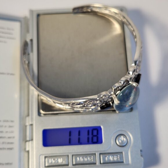 VTG Natural Opal & Onyx Platinum Clad Open Cuff Filigree Ornate Bracelet - Picture 14 of 15